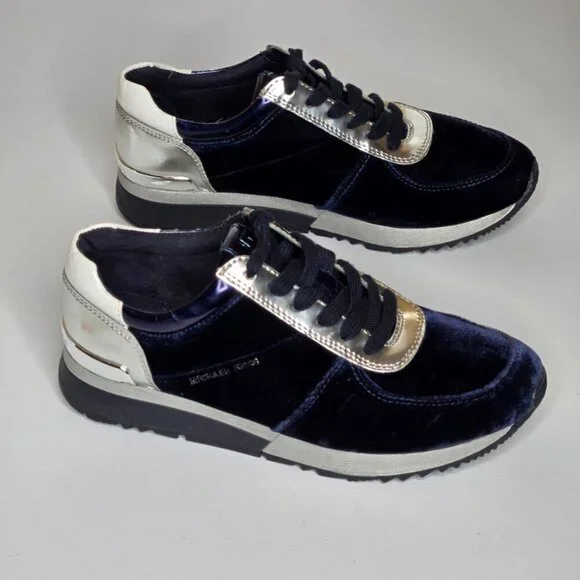 Michael Kors Allie Trainer Admiral Blue Velvet Silver Logo Sneaker Shoes Sz 7.5 - Picture 3 of 9